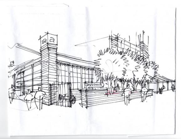 A drawing shows a mock-up of what the new restaurant will look like on the outside.